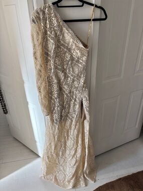 Bronx and Banco Cream One-Shoulder Lace Gown